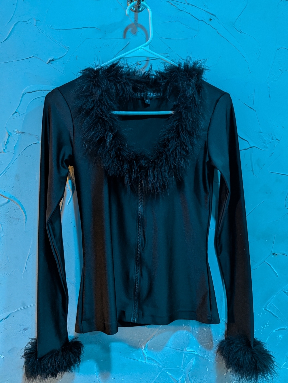 Feather-Trim Zip Front Black Women's Top - Unbranded